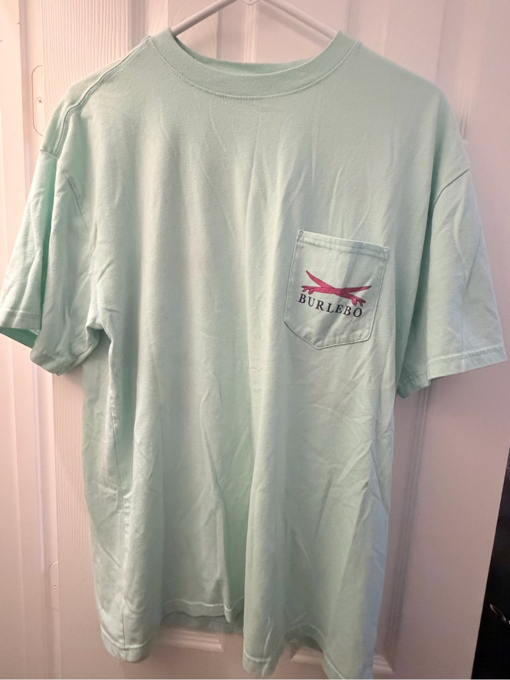 BURLEBO Men's Short-Sleeve Pocket Tee in Light Mint with Pink Logo